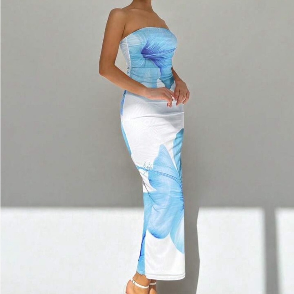 Strapless White & Baby Blue Floral Tube Strapless Dress